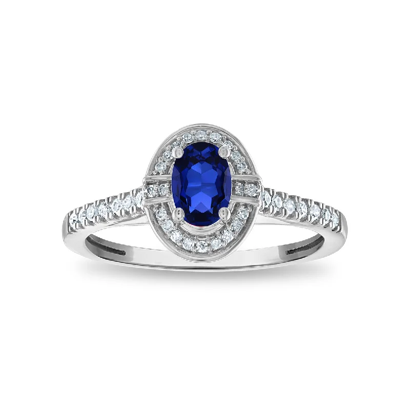 Men’s Wedding Ring with Engraving-LoveSong 6X4MM Oval Sapphire and Diamond Halo Ring in 10KT White Gold