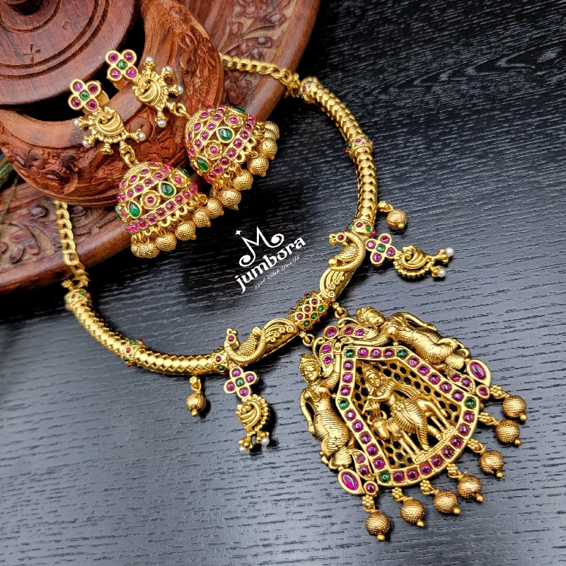 Gold Bar Necklace-Brass Naakshi Peacock Kante Hasili Krishna Necklace Set