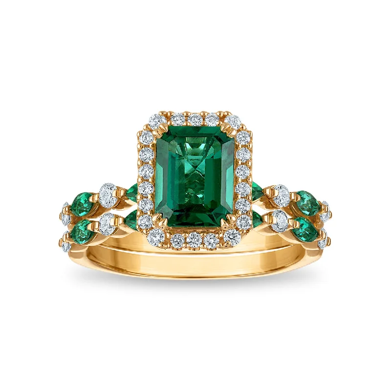 Gold Ring with Diamonds-LoveSong EcoLove Emerald and Lab Grown Diamond Bridal Set in 10KT Yellow Gold