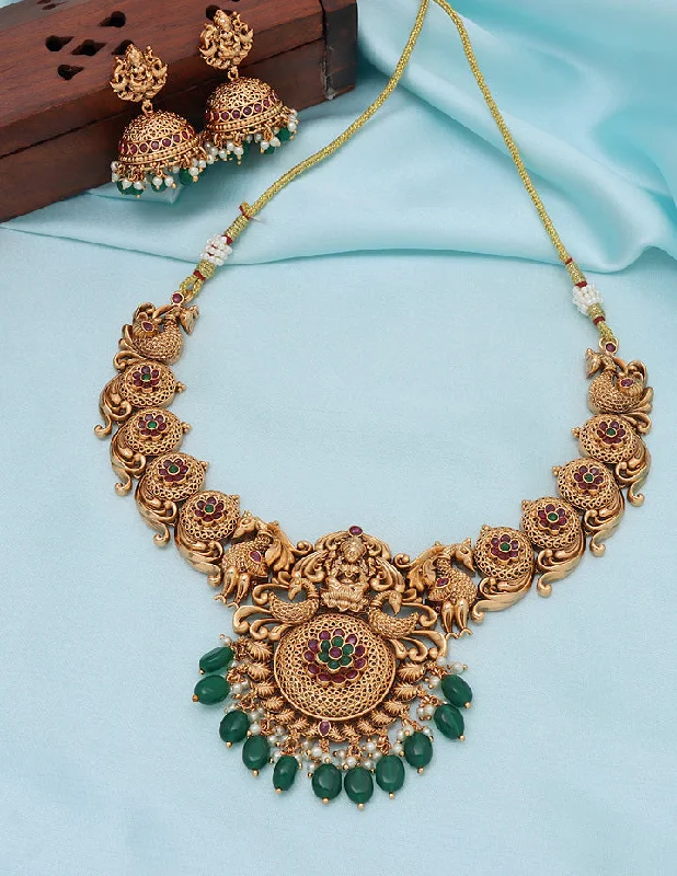 Unique Gold Necklace for Women-Designer Matt Lakshmi Devi Ruby Emerald Necklace Set With Monalisa Beads