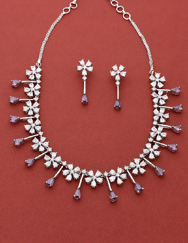 Pearls and Diamonds Necklace-Designer Rhodhium Polish Zirconia Necklace Set