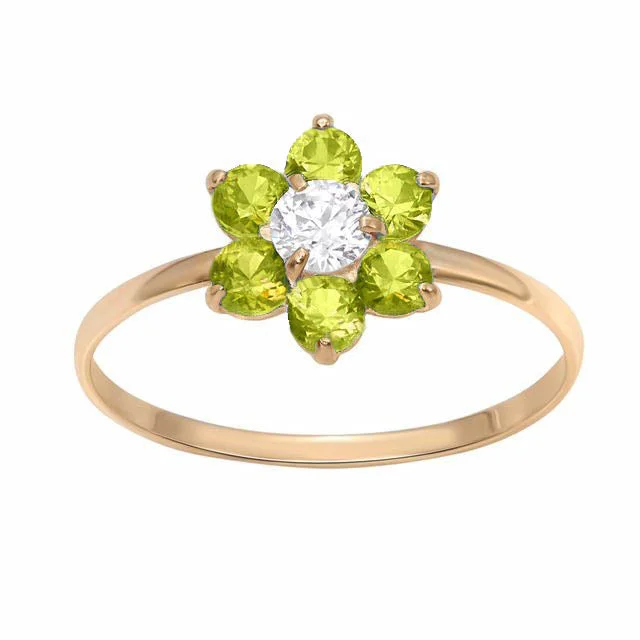 Elegant Platinum Engagement Ring-10KT Yellow Gold Peridot Childrens Birthstone Flower Ring; Size 3