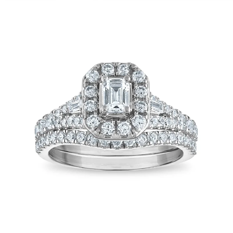 Elegant Wedding Ring Set-LoveSong EcoLove 1 1/4 CTW Lab Grown Diamond Halo Bridal Set Emerald Shaped in 10KT White Gold