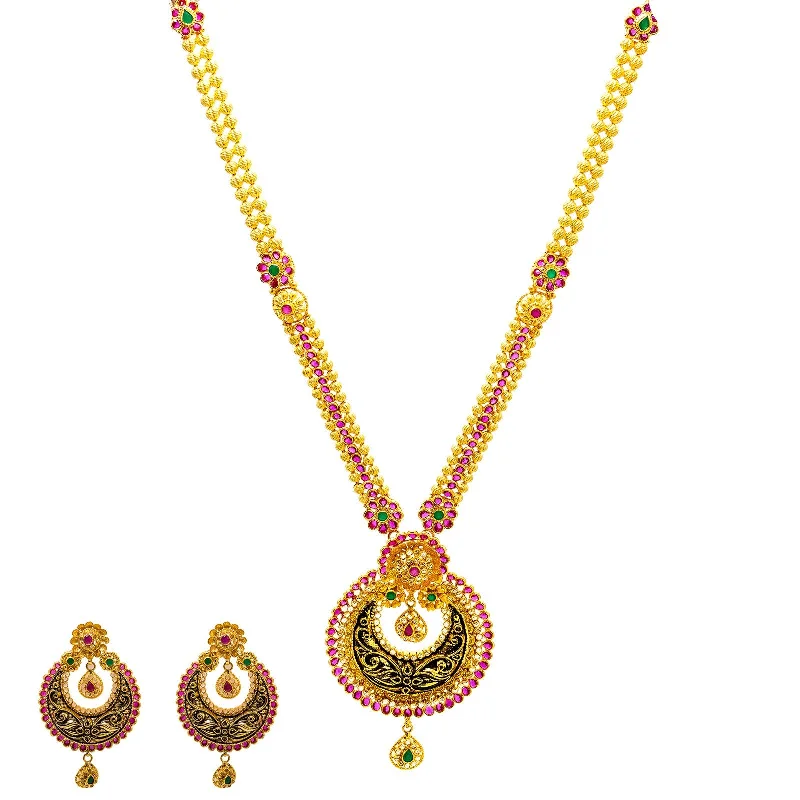 Heart Pendant Necklace for Women-22K Yellow Gold Necklace & Earrings Set W/ Rubies, Emeralds, CZ Gems & Antique Finish Chandbali Pendants