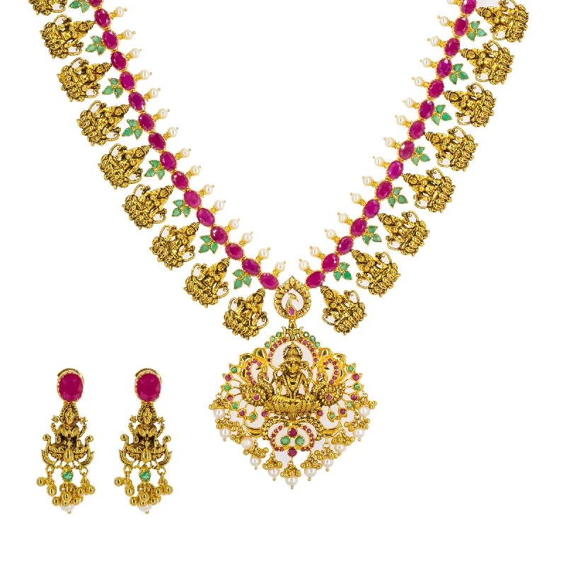 Beaded Necklace with Charms-22K Yellow Antique Gold Long Laxmi Necklace & Earrings Set W/ Rubies, Emeralds & Pearls