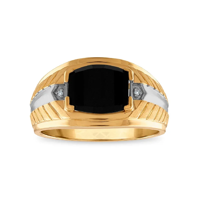 Blue Sapphire Engagement Ring-10X8MM Cushion Onyx and Diamond Fashion Nugget Ring in 10KT Yellow Gold