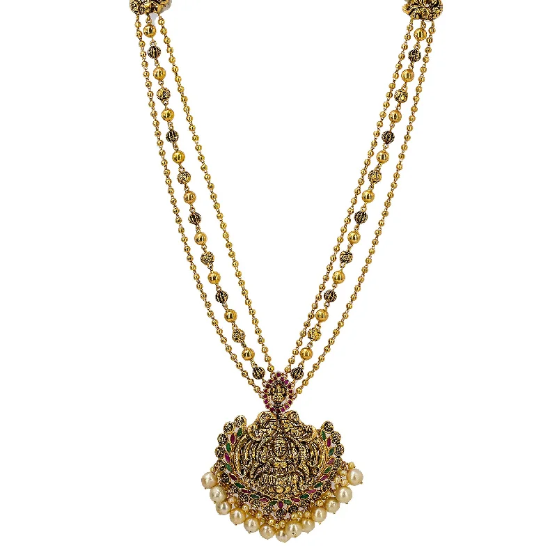 Large Bead Necklace-22K Yellow Antique Gold Laxmi Pendant Necklace W/ Rubies, Pearls, Triple Strands & Adjustable Drawstring Closure