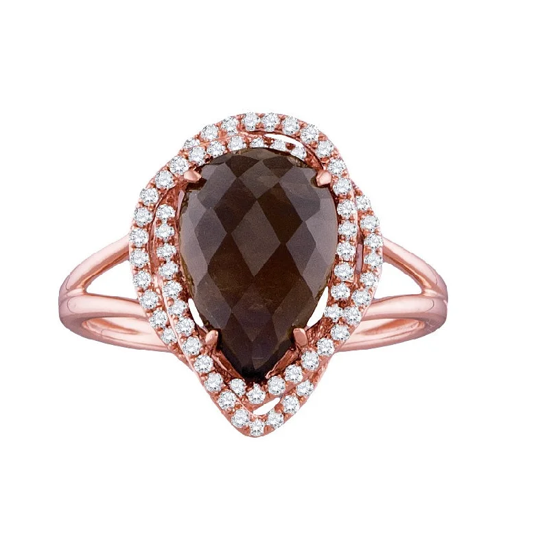 Bold Statement Ring-Pear Smokey Quartz and Diamond Ring in 14KT Rose Gold