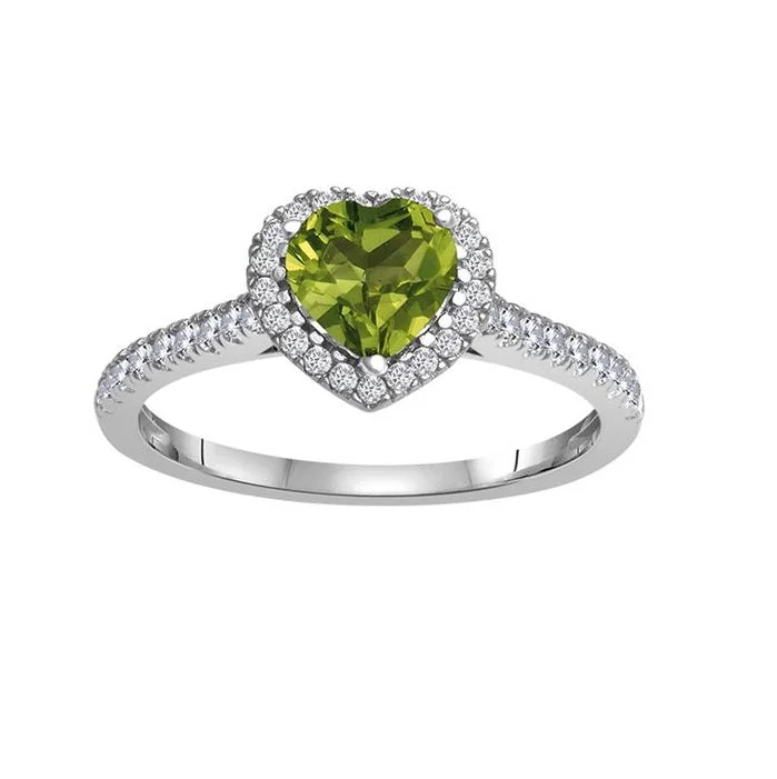 Unique Sapphire Ring-6MM Heart Shape Peridot and White Sapphire Birthstone Heart Ring in 10KT White Gold