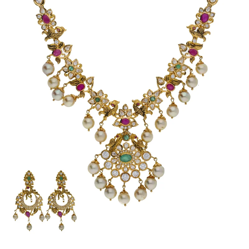 Red Stone Necklace-22K Yellow Antique Gold Necklace & Chandbali Earrings Set W/ Emeralds, Rubies, Pachi CZ & Hanging Pearls