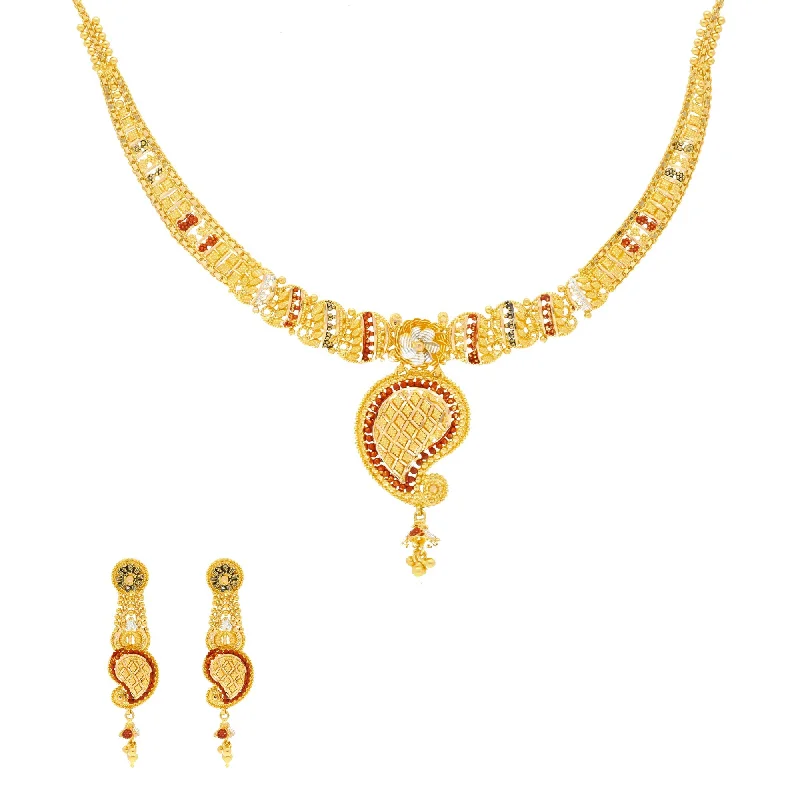 Women’s Pendant Necklace-22K Yellow Gold Meenakari Necklace & Earring Set W/ Mango Shaped Pendant