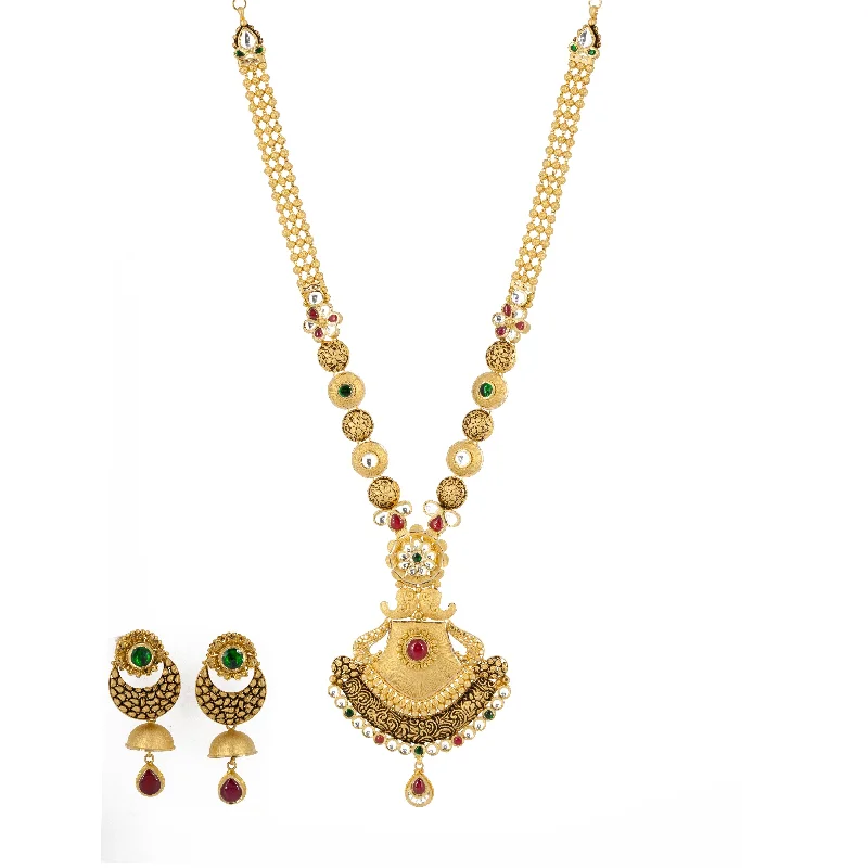 Geometric Pendant Necklace-22k Antique Gold Long Pendant Necklace & Chandbali Earrings Set W/ Ruby, Emerald, & Kundan