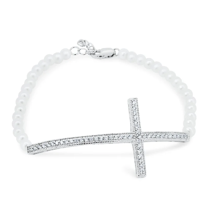 Silver Chain Bangle-Silver 925 Cross CZ Pearl Bracelet - BGB00087