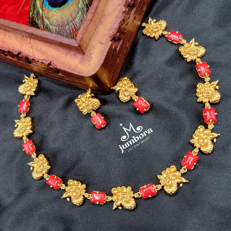 Simple Gold Pendant Necklace-Coral Red Peacock Necklace Set