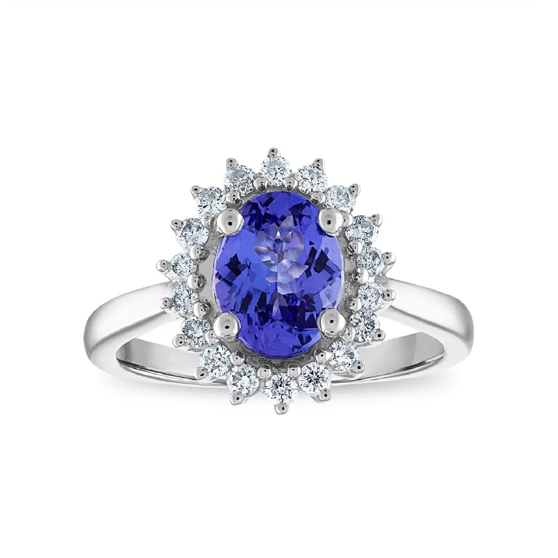 Wedding Ring with Colored Gemstones-9X7MM Oval Tanzanite and Diamond Halo Oval Ring in 10KT White Gold