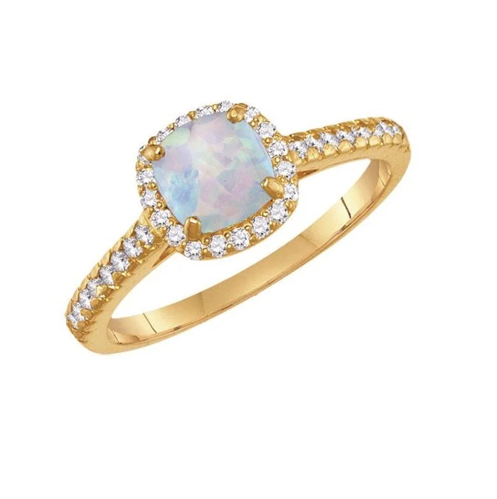 Matching Couple Rings-6MM Cushion Opal and White Sapphire Birthstone Ring in 10KT Yellow Gold