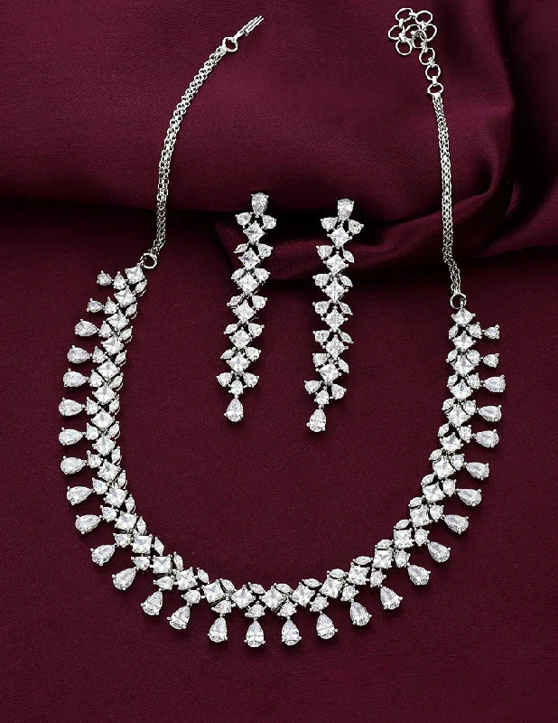 Wedding Necklace for Bride-Designer Rhodium Polish Zirconia Necklace Set