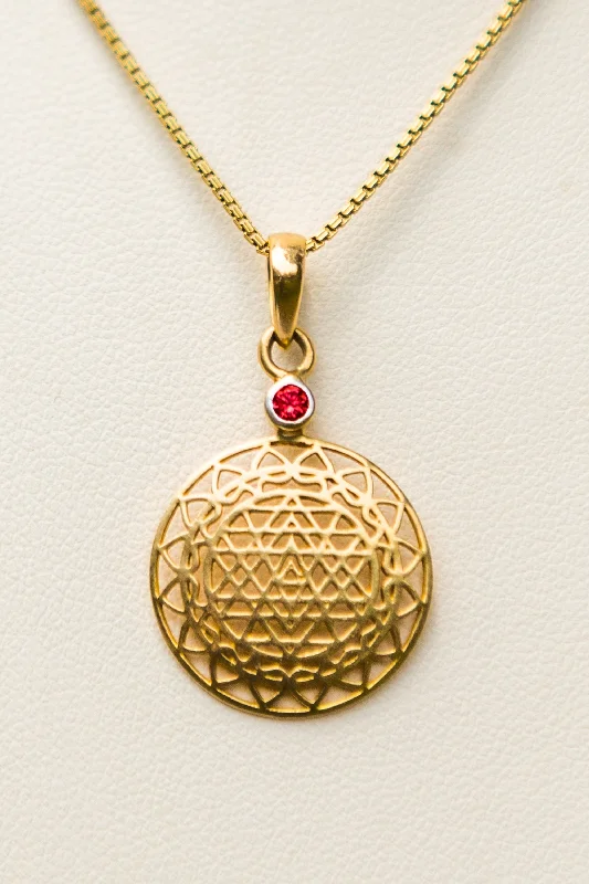 Long Pendant Necklace-14kt Gold Sri Yantra Pendant Mounted with Ruby on 18kt Gold Chain