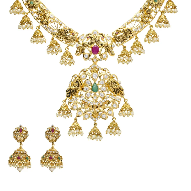 Thin Silver Necklace-22K Yellow Antique Gold Necklace & Chandbali Earrings Set W/ Pachi CZ, Rubies, Emeralds, Pearls & Jhumki Accented Pendant