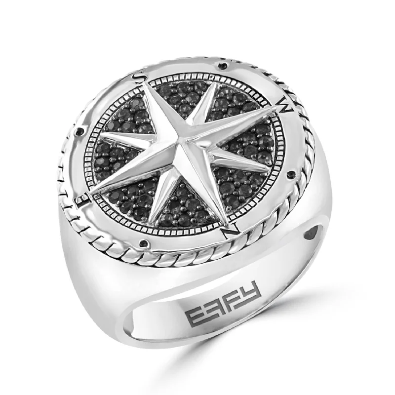 Diamond Ring with Matching Band-EFFY Round Black Spinel North Star Ring in Rhodium Plated Sterling Silver