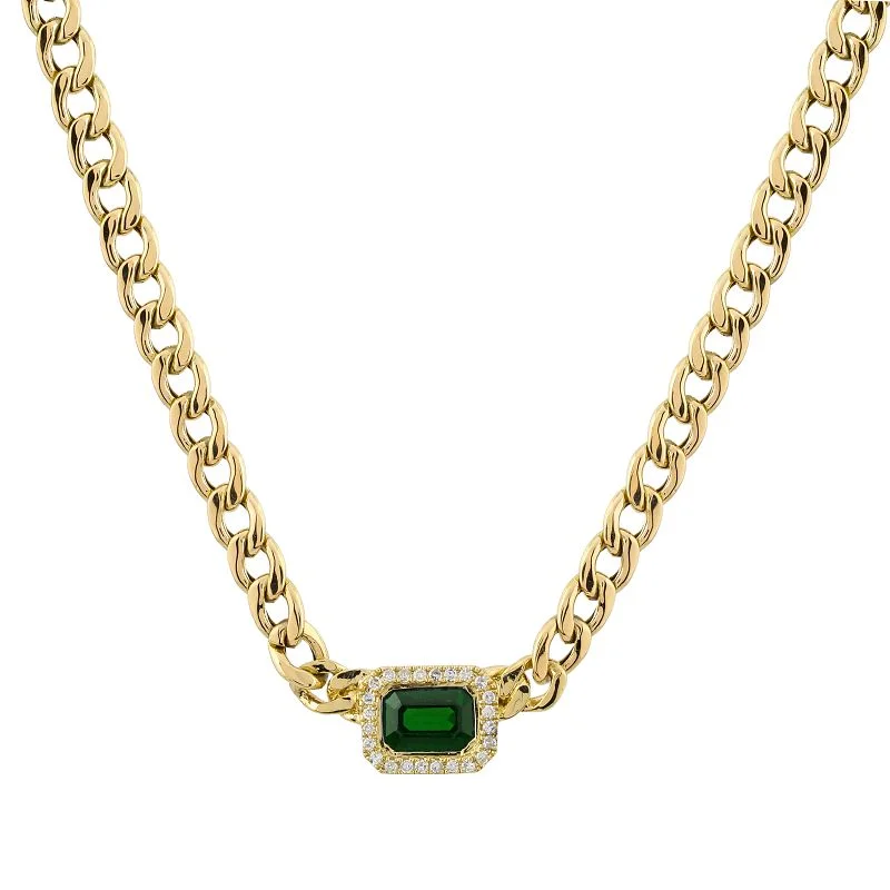 Large Pendant Necklace-14K Yellow Gold Emerald and Diamond Cuban Link Necklace