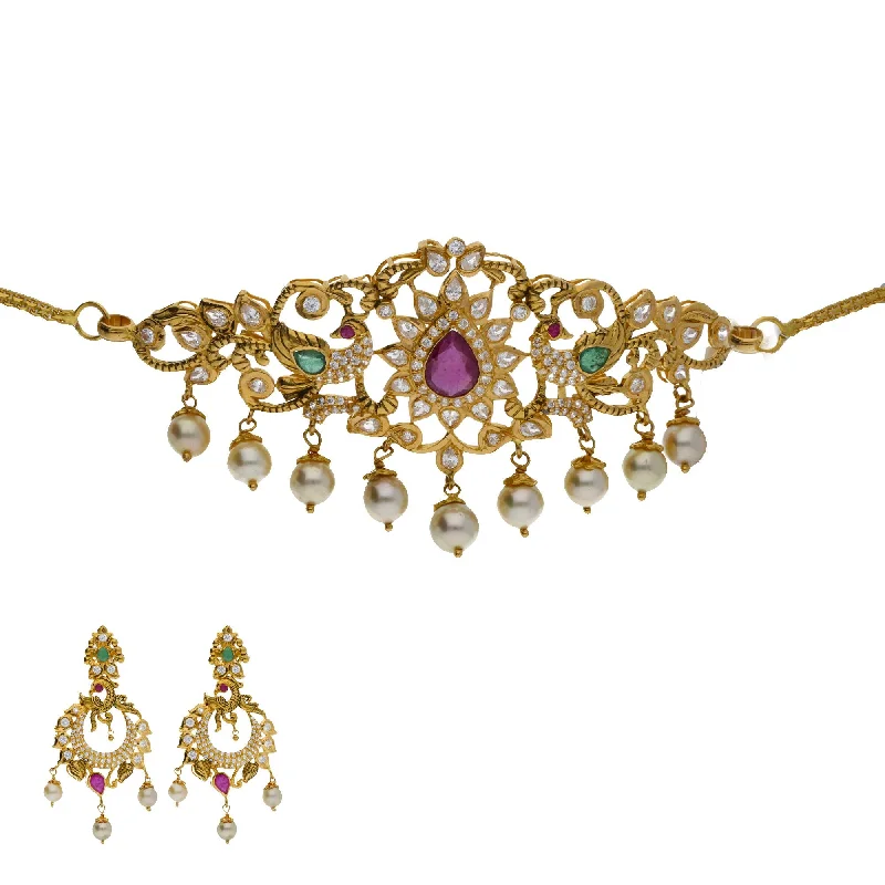 Boho Style Necklace-22K Yellow Antique Gold 2-in-1 Choker/Vanki & Chandbali Earrings Set W/ Emerald, Ruby, CZ, Pearls & Open Starburst Design