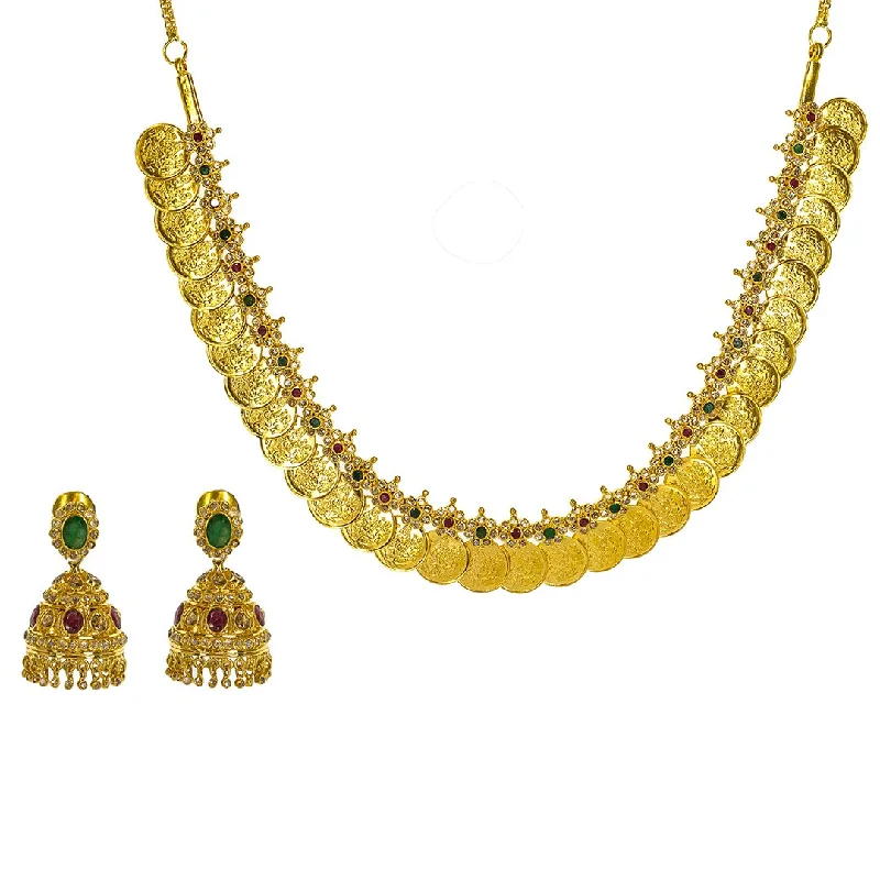 Simple Beaded Necklace-22K Yellow Gold Uncut Diamond Laxmi Necklace Set W/ 6.6ct Uncut Diamonds, Rubies, Emeralds, & Laxmi Kasu