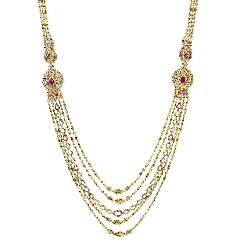 Crystal Pendant Chain Necklace-22K Yellow Gold Draping Strands Haaram Necklace W/ Emeralds, Rubies, CZ Gemstones & Side Pendants