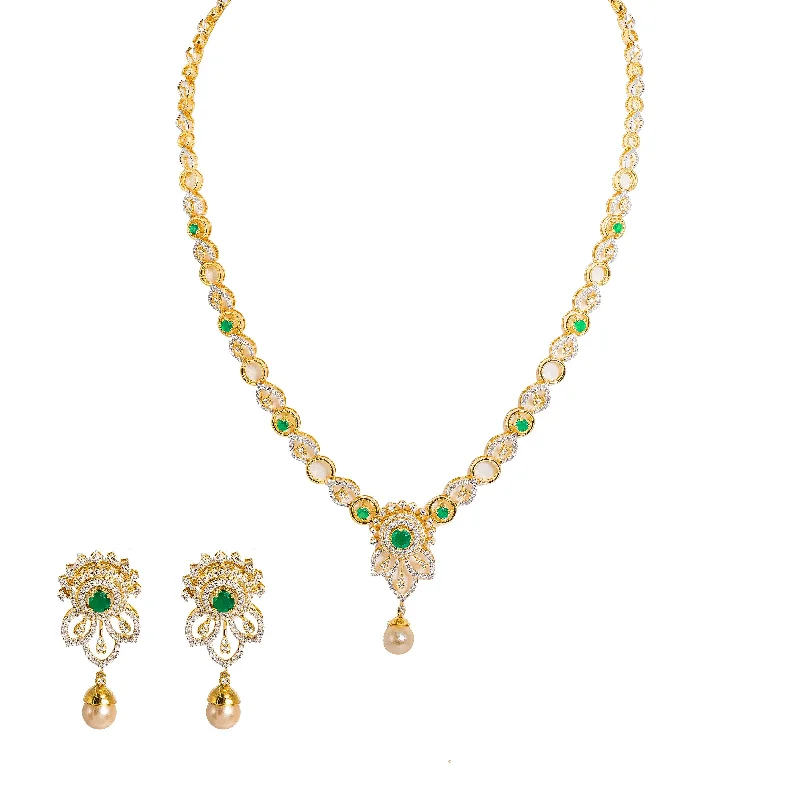 Luxury Silver Necklace-18K  Multi Tone Gold Diamond Necklace and Earrings Set W/ VVS Diamonds, Emeralds, Drop Pearls & Hibiscus Pendants