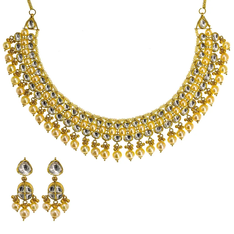 Lightweight Necklace for Women-22K Yellow Gold Kundan Necklace & Earrings Set W/ Hanging Pearls, 97.1g