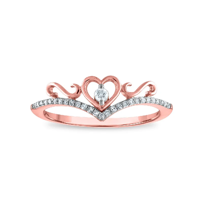 Rose Gold Band Ring-1/10 CTW Diamond Heart Tiara Crown Ring in 10KT Rose Gold