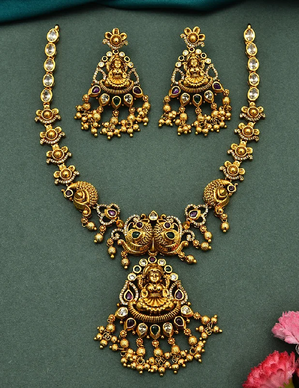 Thin Silver Necklace-Designer Matt Lakshmi Devi Peacock Necklace Set With Gold Balls