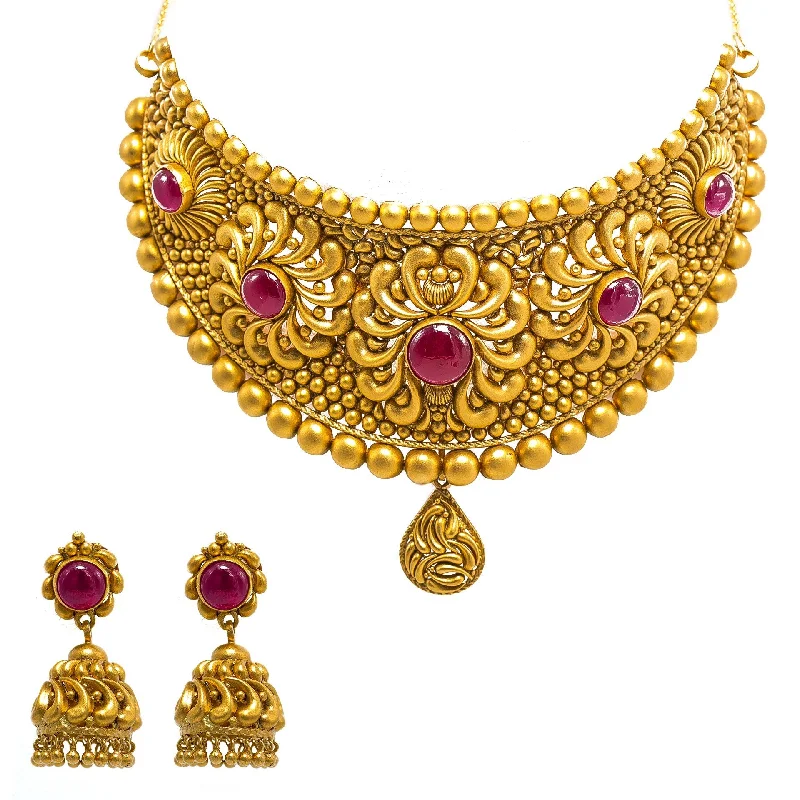 Lightweight Necklace for Women-22K Yellow Gold Choker & Jhumki Earrings Set W/ Rubies & Matte Finished Flower Ball Design