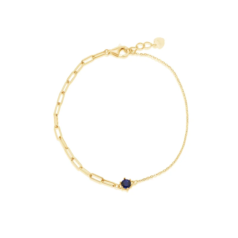 Custom Men’s Bracelet-Gold Plated 925 Sterling Silver Half Paperclip and Half Rolo Round Sapphire Blue CZ Adjustable Bracelet - GMB00157GP