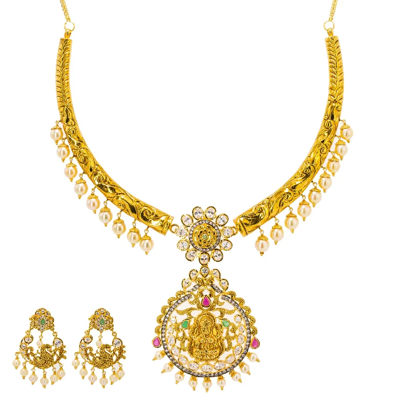 Bold Statement Necklace-22K Yellow Gold Hasdi Paachi Necklace & Chandbali Earring Set W/ Rubies, Emeralds, CZ Gems & Pearls