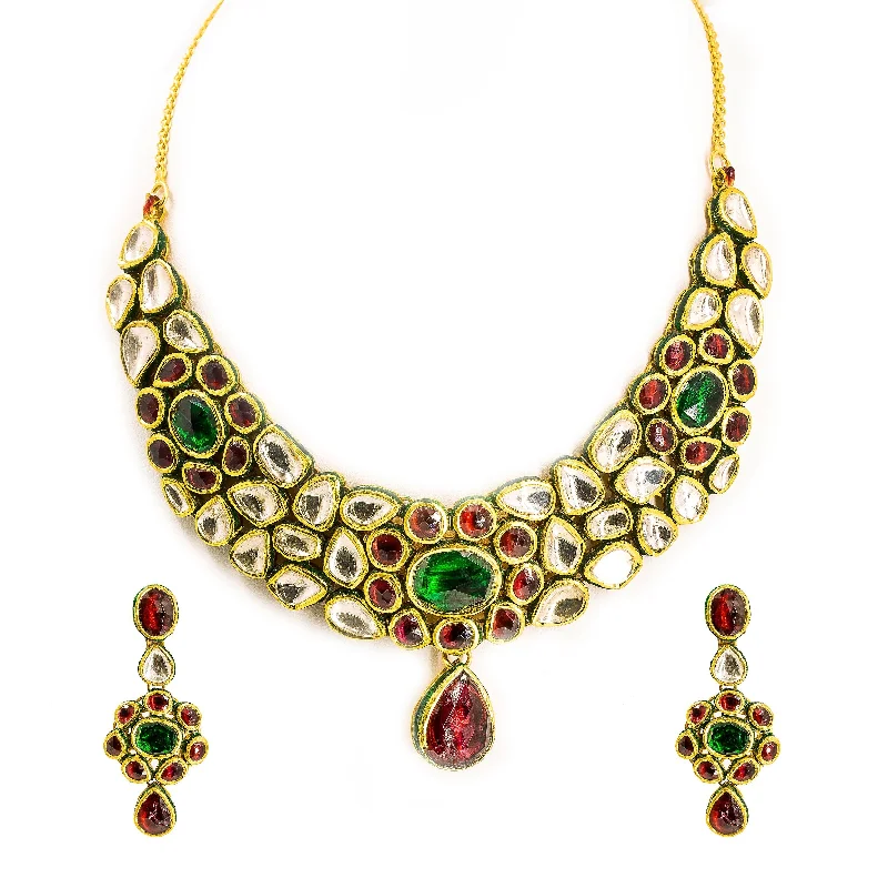 Statement Beaded Necklace-22K Yellow Gold Kundan Necklace & Earrings Set W/ Large Teardrop Pendant & Choker Necklace