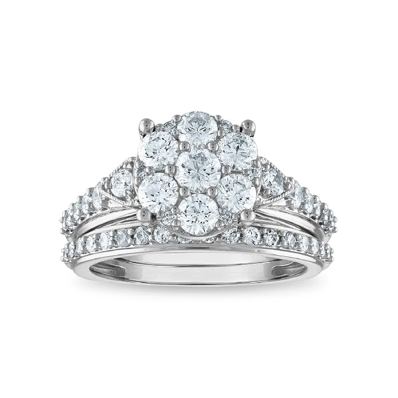 Cushion Cut Engagement Ring-LoveSong EcoLove 1-1/2 CTW Lab Grown Diamond Cluster Bridal Set in 10KT White Gold