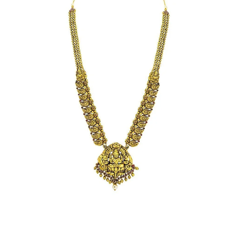 Luxury Pearl Necklace-22K Yellow Gold Antique Necklace W/ Ruby, Pearl, & Laxmi Pendant on Deeply Carved Strand