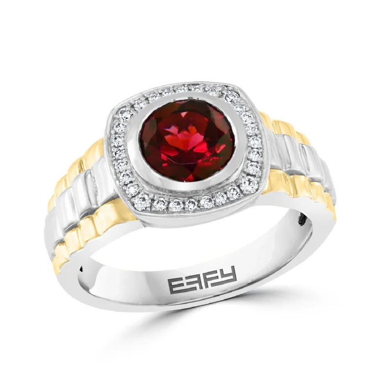 Custom Silver Engagement Ring-EFFY 8MM Round Garnet and Diamond Fashion Rolex Ring in Two-Tone Sterling Silver