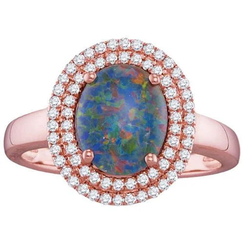 Men's Stainless Steel Ring-Color Sensations Oval Opal Triplet and Diamond Halo Ring in 14KT Rose Gold