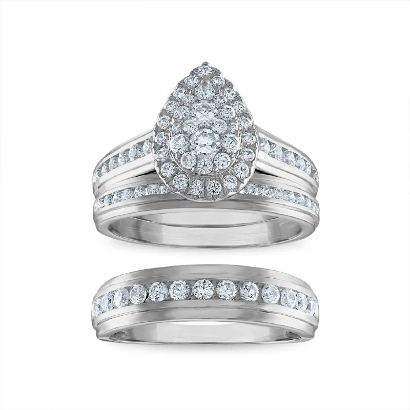 Unique Couples Rings-1-1/2 CTW Lab Grown Diamond Halo Pear Shaped Wedding Trio Set in 10KT White Gold