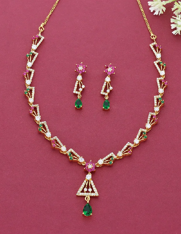 Large Bead Necklace-Floral Design Gold Zirconia Necklace Set