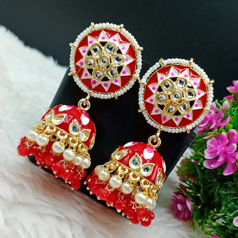 Colored Gemstone Earrings-Lalso Lifestyle Gold Plated Partywear Big Size Meenakari Kundan Jhumka Earrings