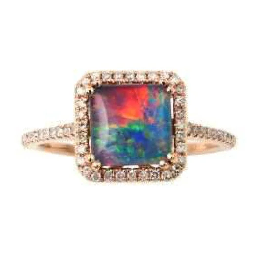 Simple Silver Ring for Women-Color Sensations 8MM Cushion Opal Triplet and Diamond Gem Stone Halo Ring in 14KT Rose Gold