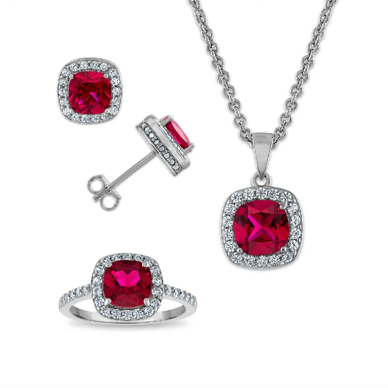 Classic Gold Engagement Ring-Created Ruby and White Sapphire Ring Pendant Earrings Set in Sterling Silver