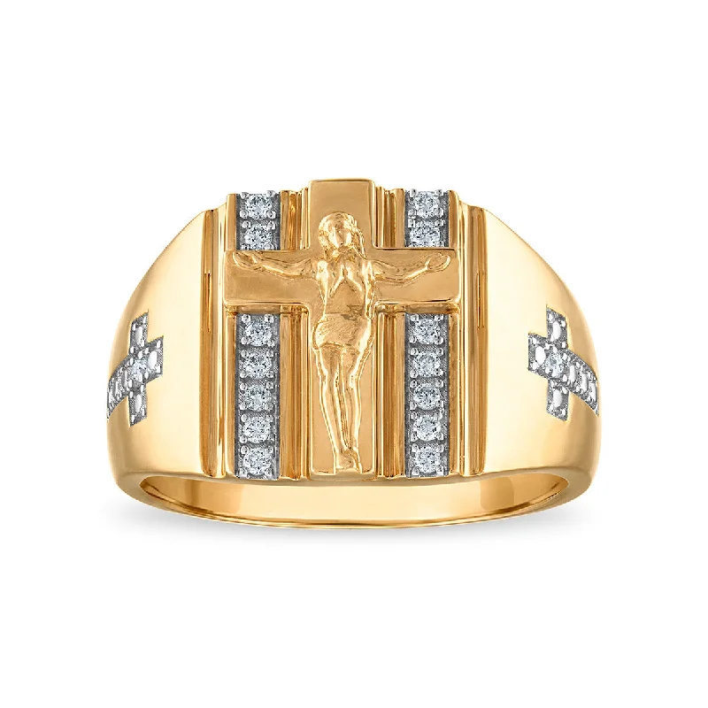 Men’s Wedding Ring with Engraving-1/6 CTW Lab Grown Diamond Cross Ring in 10KT Yellow Gold