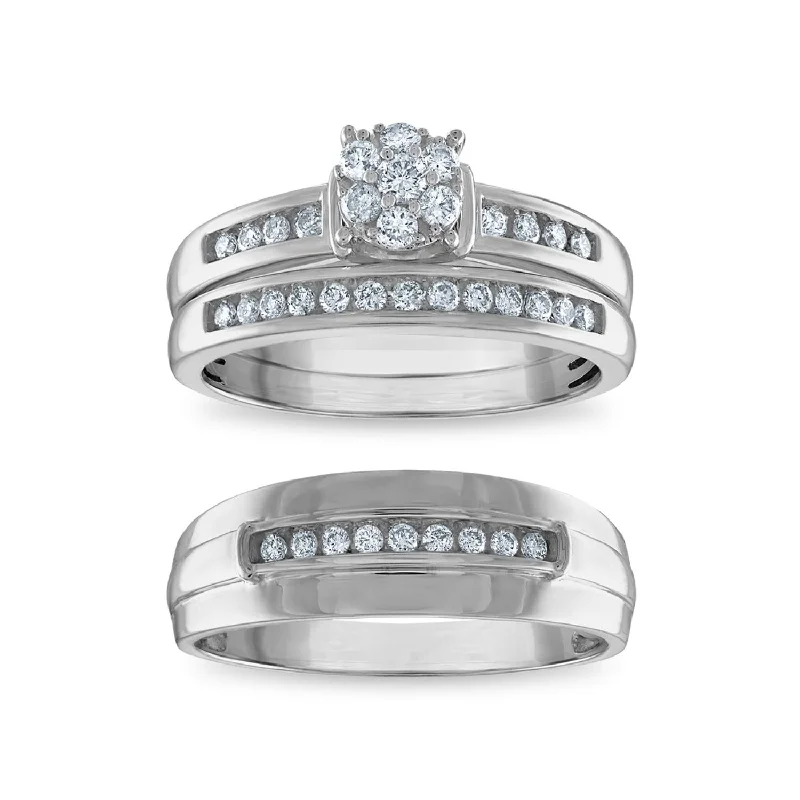 Heart Shaped Wedding Ring-EcoLove 1/2 CTW Lab Grown Diamond Cluster Wedding Trio Set in 10KT White Gold