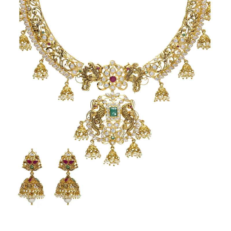 Classic Diamond Necklace-22K Yellow Antique Gold Necklace & Jhumki Earrings Set W/ Jhumki Charms, Peacock Accents, Pearls, Rubies, Emeralds & Pachi CZ