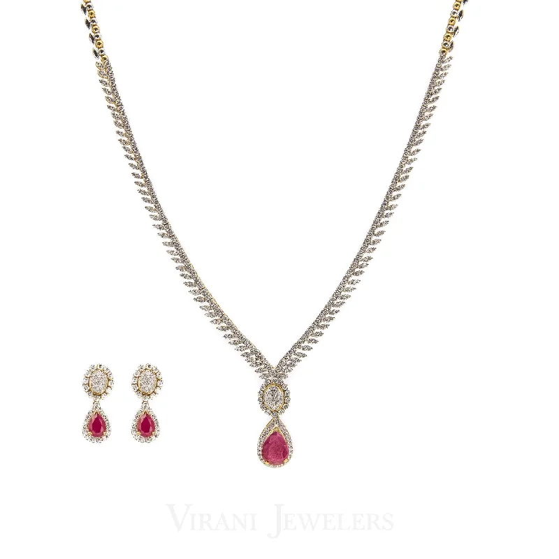 Designer Diamond Necklace-5.82CT Diamond Box Chain Necklace and Earrings Set in 18k Yellow Gold W/ Drop Ruby Pendant