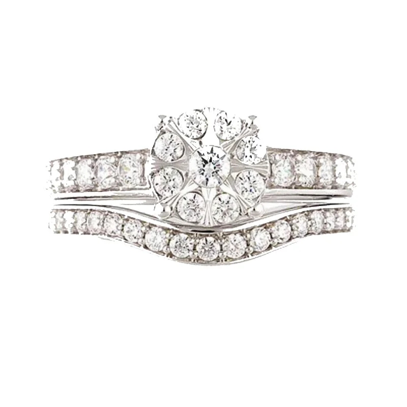 Unique Engagement Ring-1 CTW Diamond Cluster Bridal Set Ring in 10KT White Gold